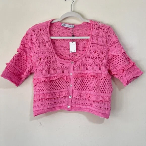 NEW ZARA Pink Cotton Knit Crochet Crop Top: Cottagecore Cardigan - Picture 9 of 16